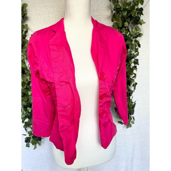 Vintage Vixen Hot Pink Cotton 3/4 Sleeves Shoulder Pads Cropped Blazer Blouse - Picture 2 of 13